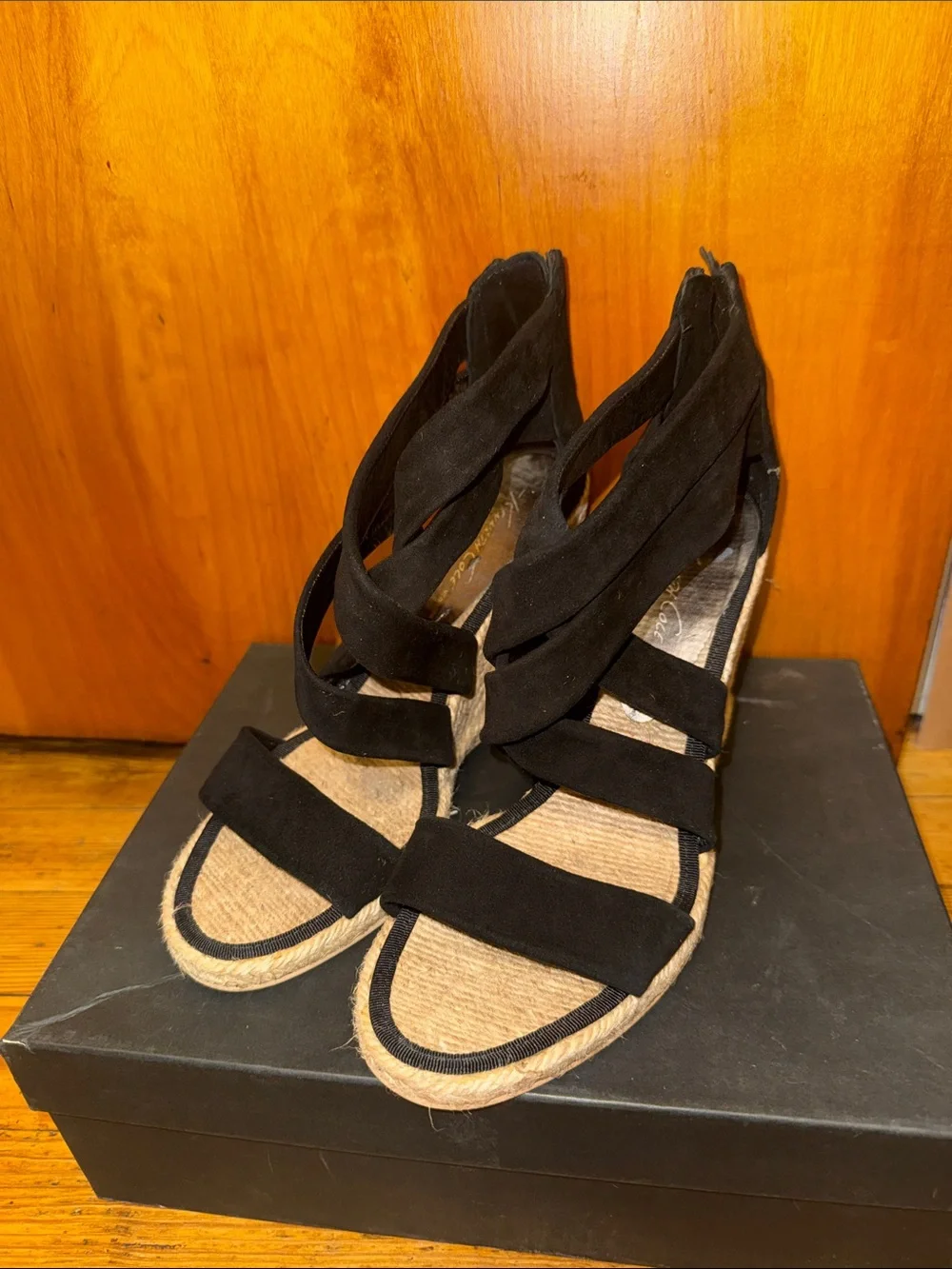 Kenneth Cole Black Suede Espadrille Wedge Sandals